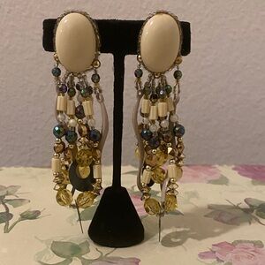 Elegant Cream and Gold Beaded Dangle Earrings